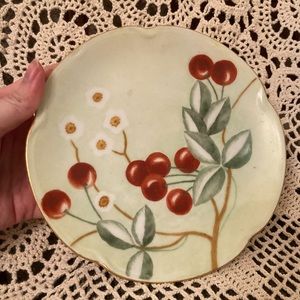 Vintage Painted Red Cherry Leaf and Flower Plate
